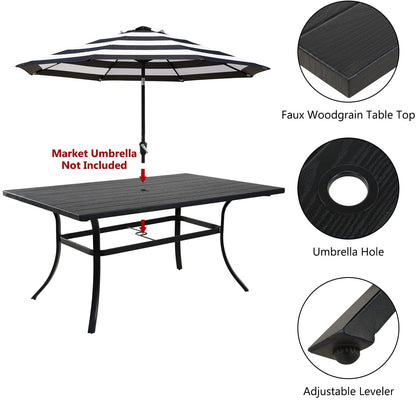 Outdoor Dining Table Set, Modern Woodgrain-Look Metal Table and Wicker Chairs