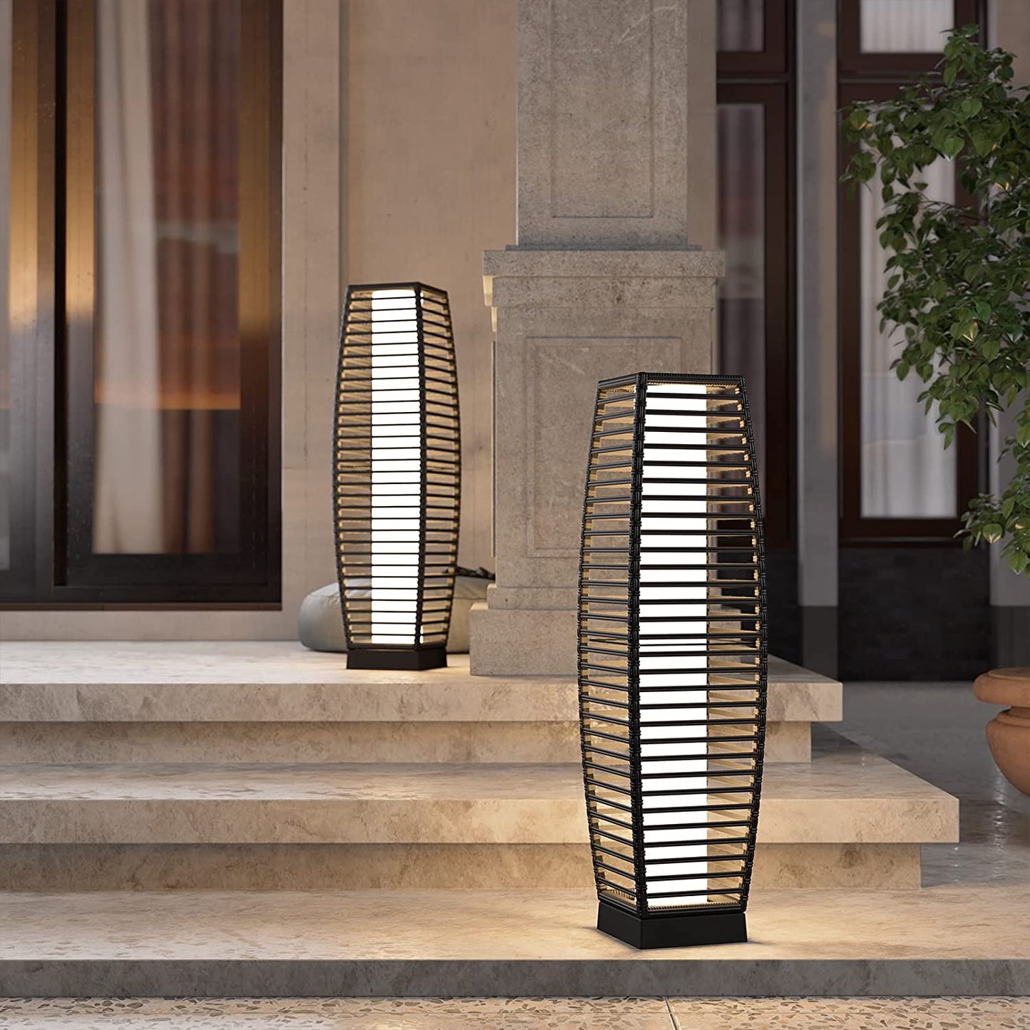 Outdoor Solar-Powered Crossover Woven Resin Wicker Floor Lamp