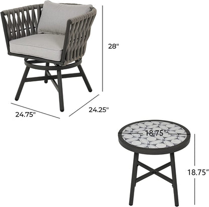 Dining Chair Set of 3, Swivel Rope Armchairs with Cushions and Round Side Table with Tile Tabletop