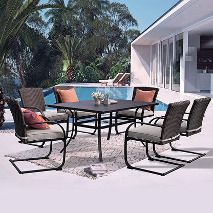 Outdoor Dining Table Set, Modern Woodgrain-Look Metal Table and Wicker Chairs