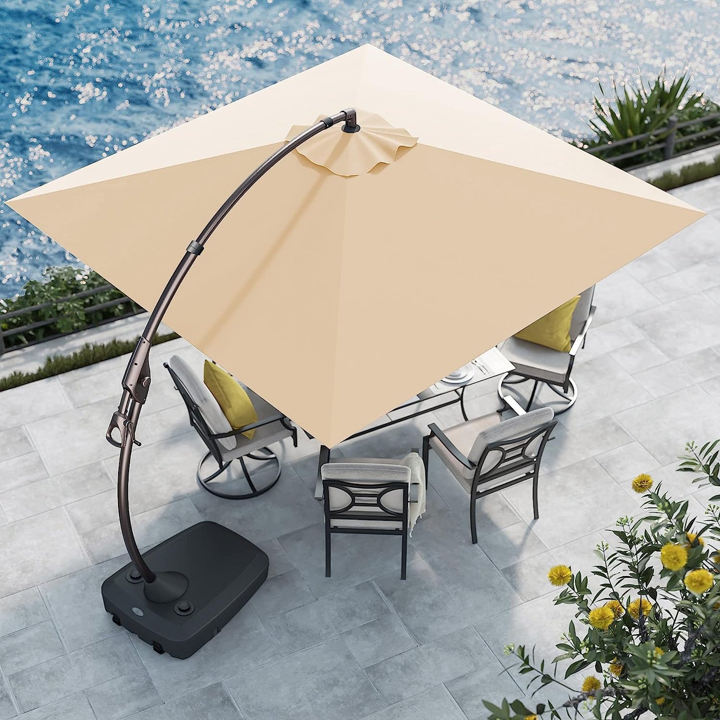 10x10 FT Square Patio Cantilever Umbrella, Deluxe Curvy Offset Umbrella with Base(No Umbrella Cover)