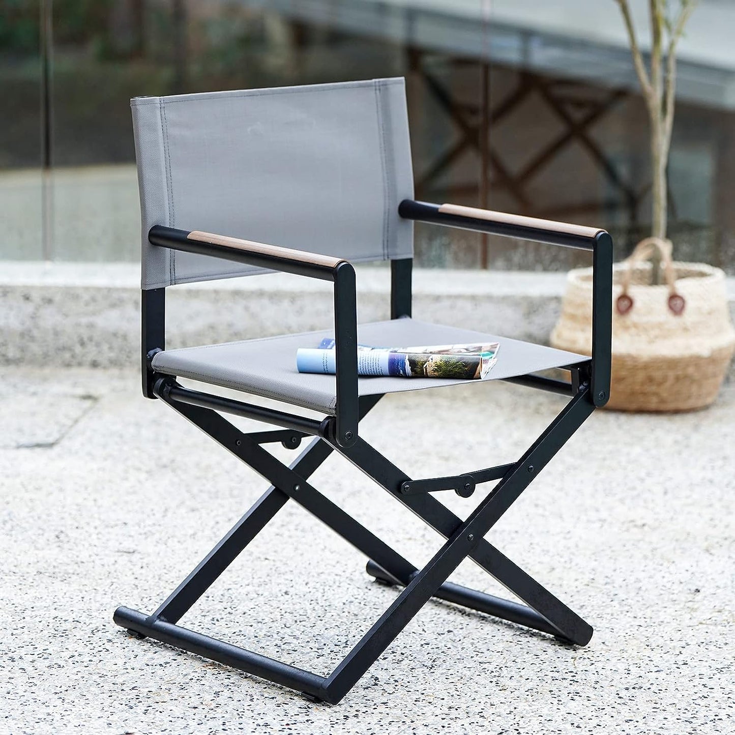 Outdoor & Indoor Aluminum Mesh Sling Folding Director Chair Lightweight All-Weather Wood Grain Camping and Hunting Chair for Garden