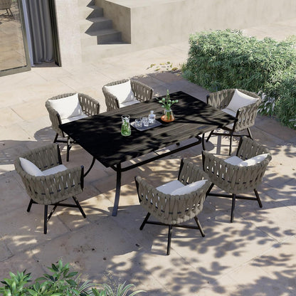Dining Chair Set of 3, Swivel Rope Armchairs with Cushions and Round Side Table with Tile Tabletop