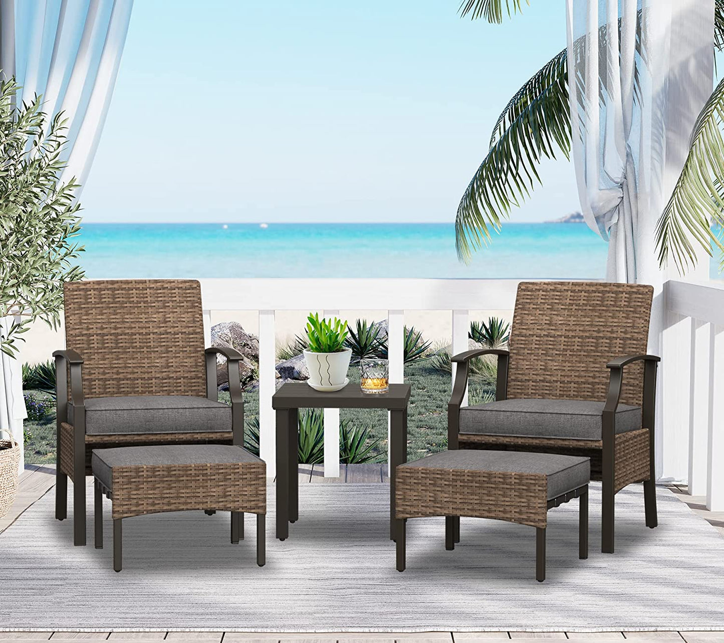 5 Pieces Outdoor Patio Furniture Sets Weather Resistant Wicker Outdoor Chairs with Ottomans and Coffee Tables