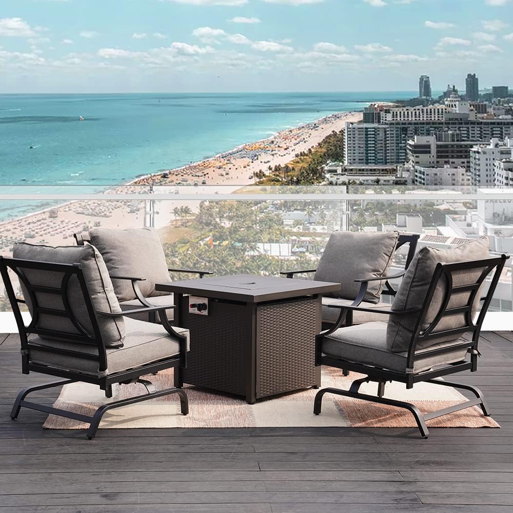 GRAND PATIO 5 PCS Outdoor Furniture Conversation Grey Cushions Rocking Chairs Propane Gas Fire Table