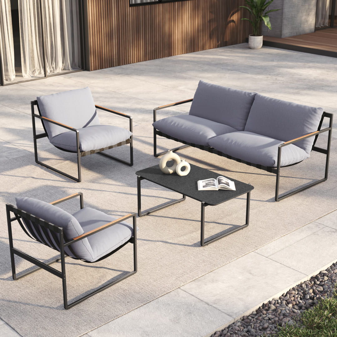 4-Piece Patio Furniture Set, Outdoor Patio Conversation Sofa Set with Cushion, Loveseat Chairs and Coffee Table