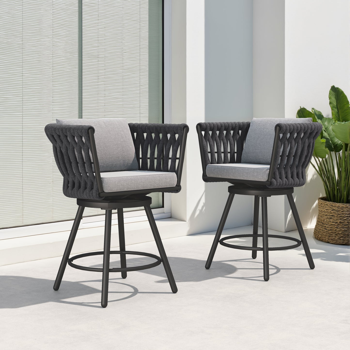 High Bar Chairs Set of 2, Swivel Rope Wicker Patio Dining Chairs