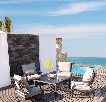 5 Piece Outdoor Furniture Conversation Set, All Weather Outdoor Cushion Rocking Chairs with Square Tempered Glass Top Coffee Table, Balcony Furniture Set for Garden