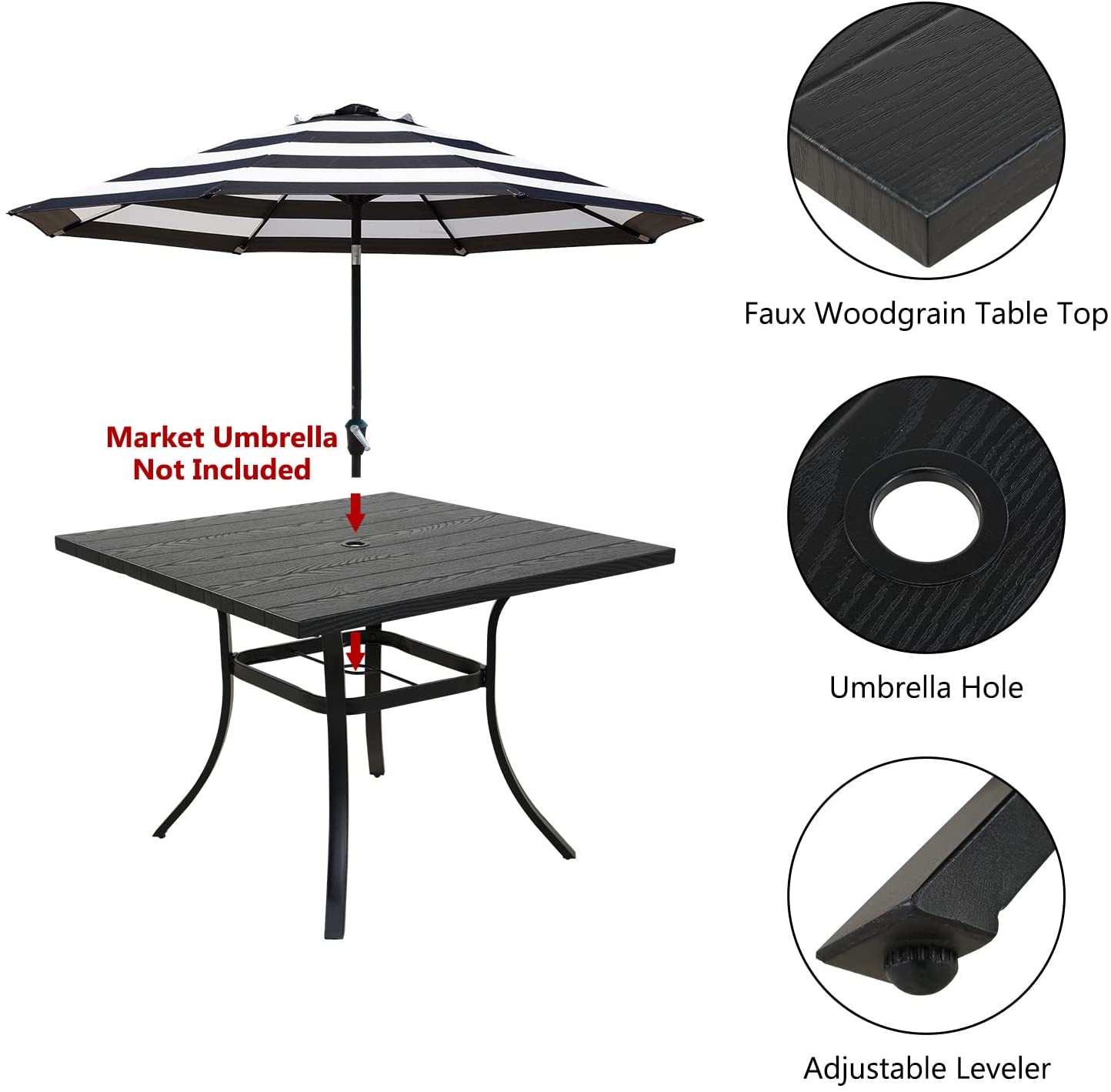 5 Piece Outdoor Dining Table Set, Woodgrain-Look Metal Table and Wicker Chairs for 4