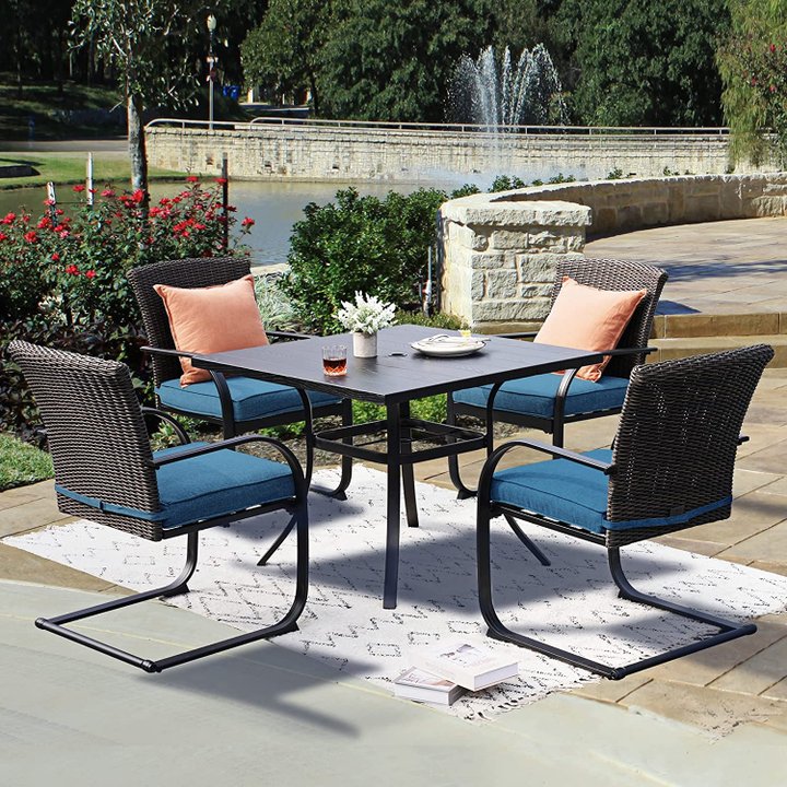 5 Piece Outdoor Dining Table Set, Woodgrain-Look Metal Table and Wicker Chairs for 4