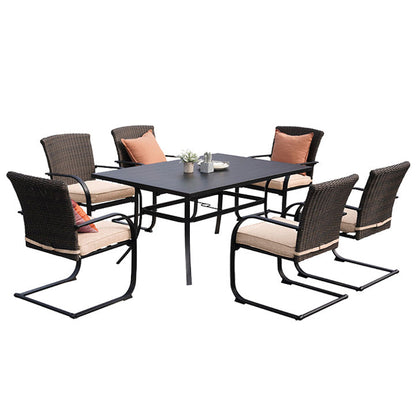 Outdoor Dining Table Set, Modern Woodgrain-Look Metal Table and Wicker Chairs