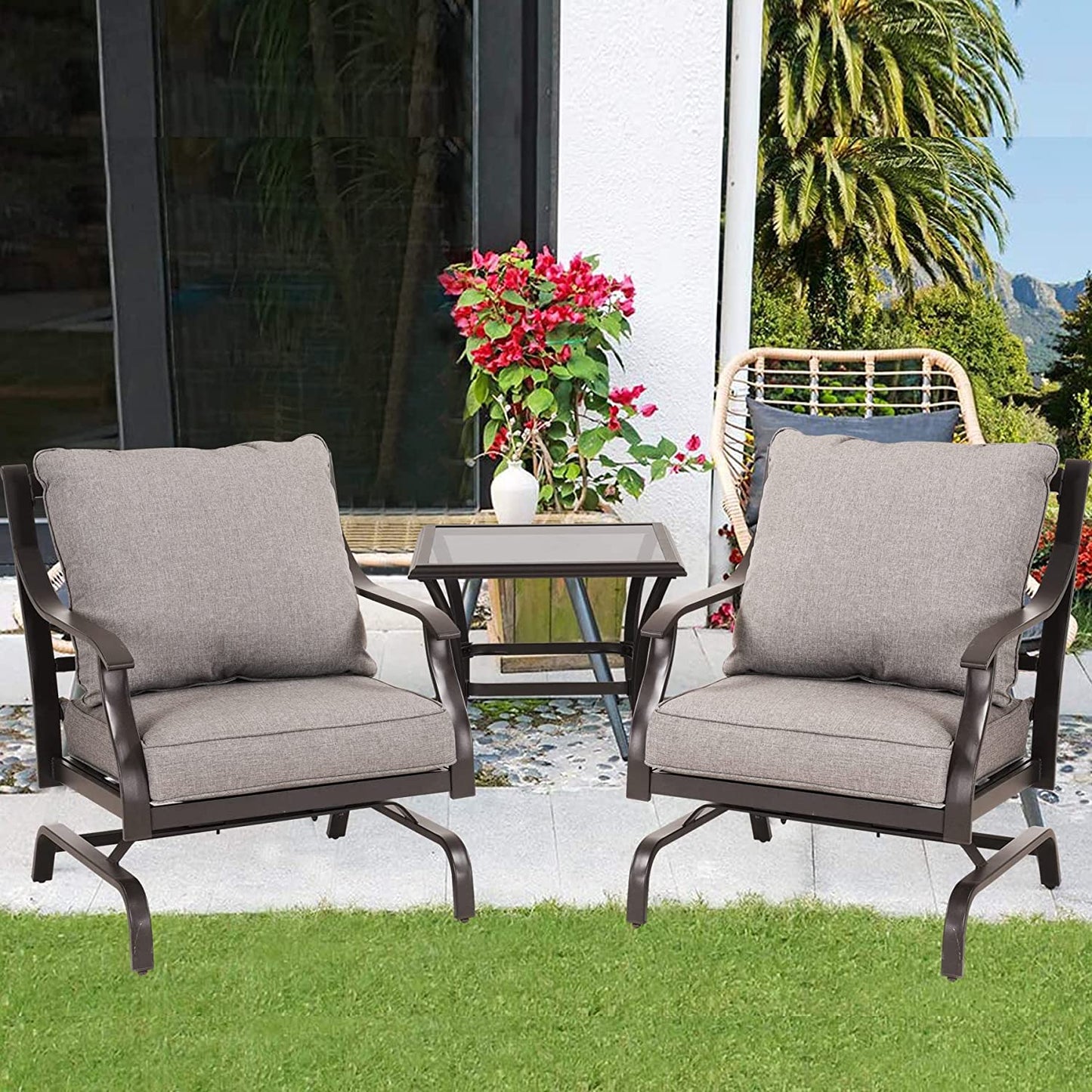 3 Piece Metal Bistro Rocking Chairs, Indoor Outdoor Chat Set
