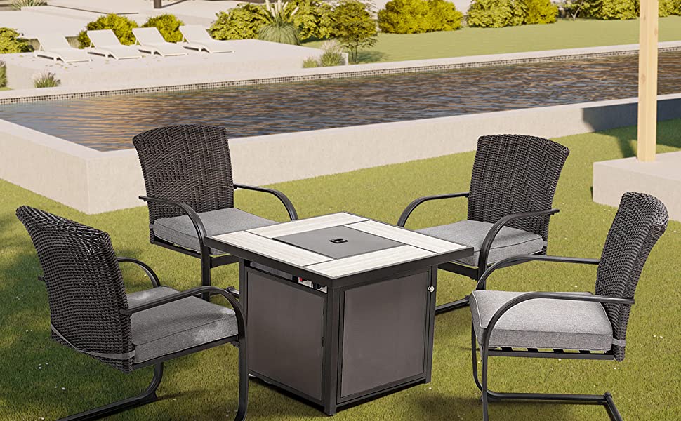 Dining Set with 4 Chairs and 32 Inch Square Propane Fire Table