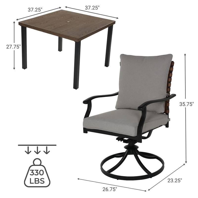 5 Pieces Outdoor Dining Set,4 Steel Resin Wicker Swivel Patio Chairs&Square Dining Table