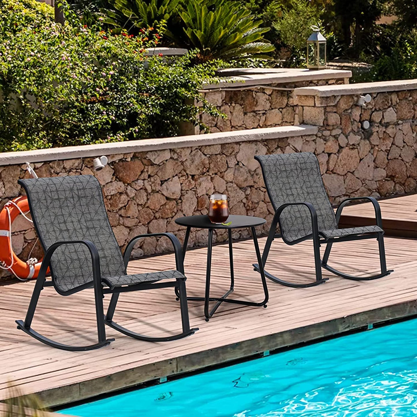 3-Piece Patio Bistro Rocking Chair Set, Steel Rocker Seating Outside for Front Porch, Garden, Patio, Backyard