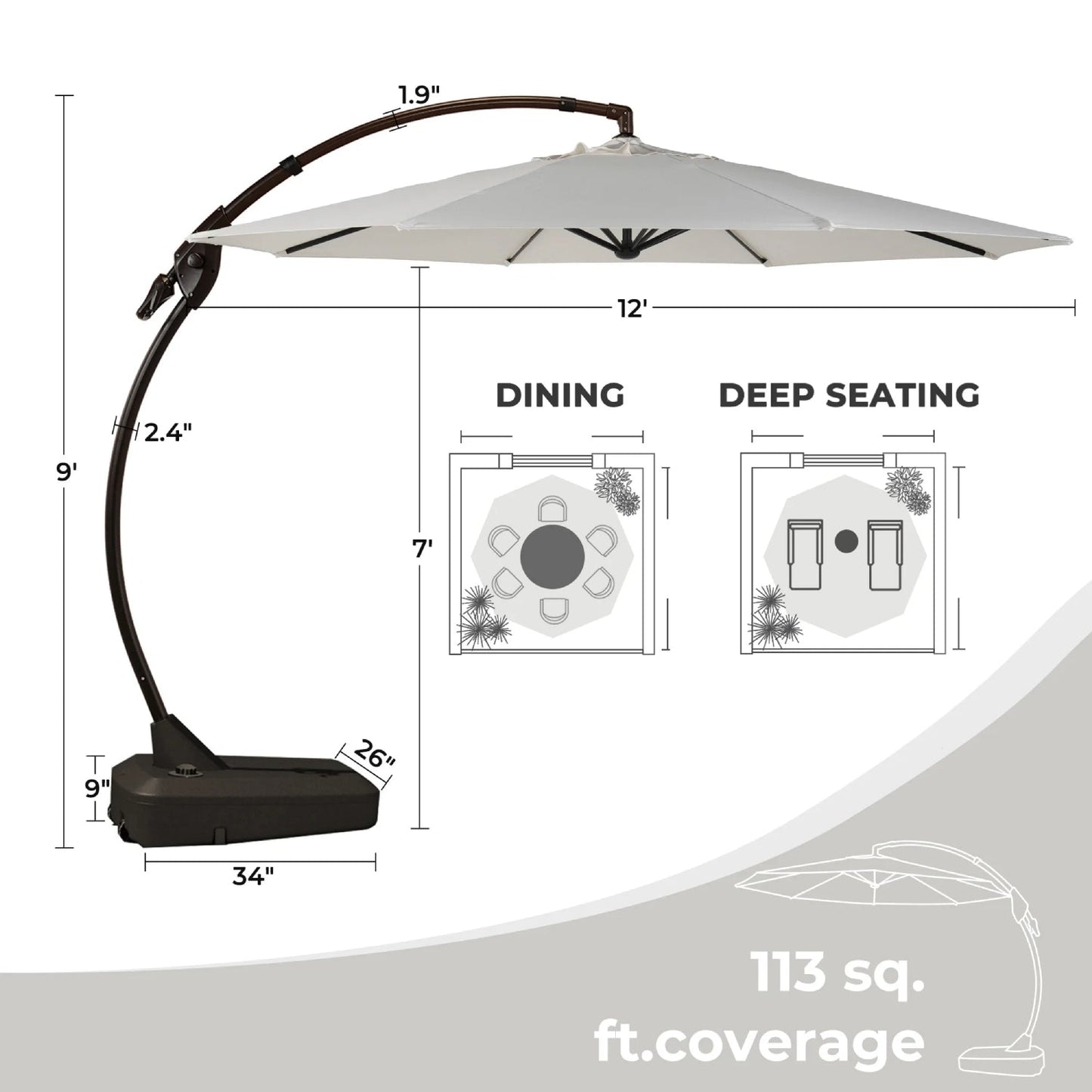 11 FT 12 FT Cantilever Patio Umbrella with Base, Round Large Offset Umbrellas for Garden Deck Pool