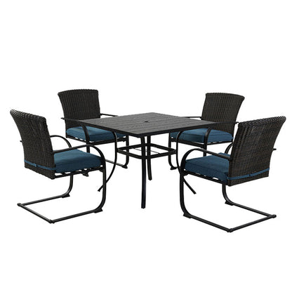 5 Piece Outdoor Dining Table Set, Woodgrain-Look Metal Table and Wicker Chairs for 4