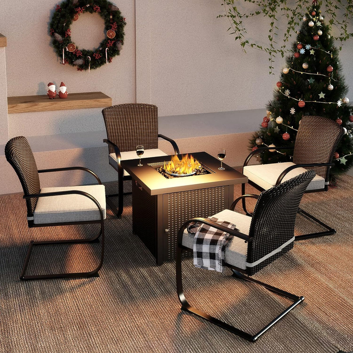 5-Piece Outdoor Dining Table Set with Fire Pit, 4 Outdoor Spring Dining Chairs