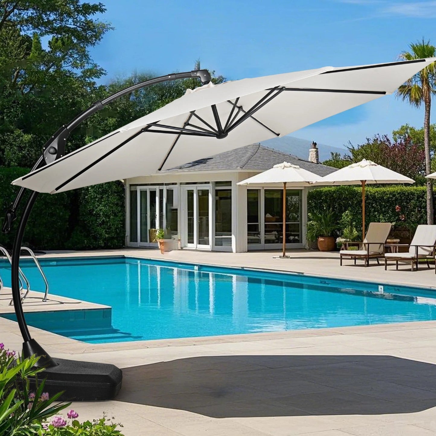 11 FT Cantilever Patio Umbrella with Base, Round Large Offset Umbrellas for Garden Deck Pool