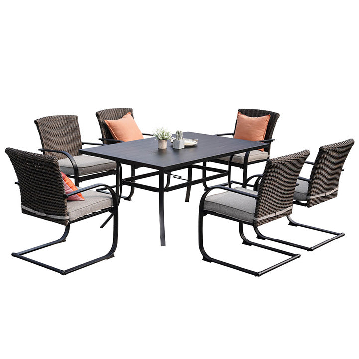 Outdoor Dining Table Set, Modern Woodgrain-Look Metal Table and Wicker Chairs