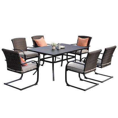 Outdoor Dining Table Set, Modern Woodgrain-Look Metal Table and Wicker Chairs