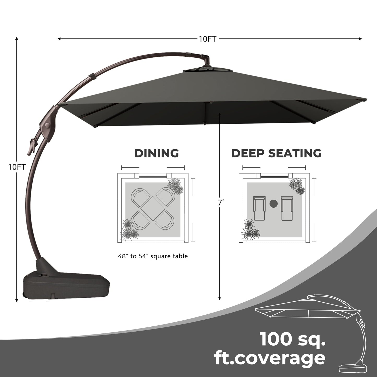 10x10 FT Square Patio Cantilever Umbrella, Deluxe Curvy Offset Umbrella with Base(No Umbrella Cover)