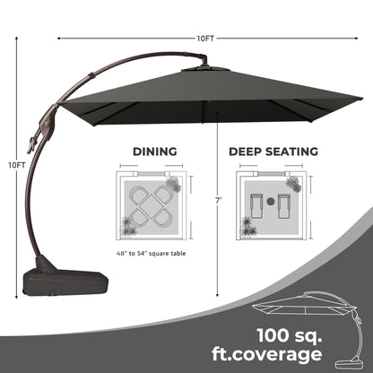 10x10 FT Square Patio Cantilever Umbrella, Deluxe Curvy Offset Umbrella with Base(No Umbrella Cover)