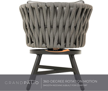 Dining Chair Set of 3, Swivel Rope Armchairs with Cushions and Round Side Table with Tile Tabletop