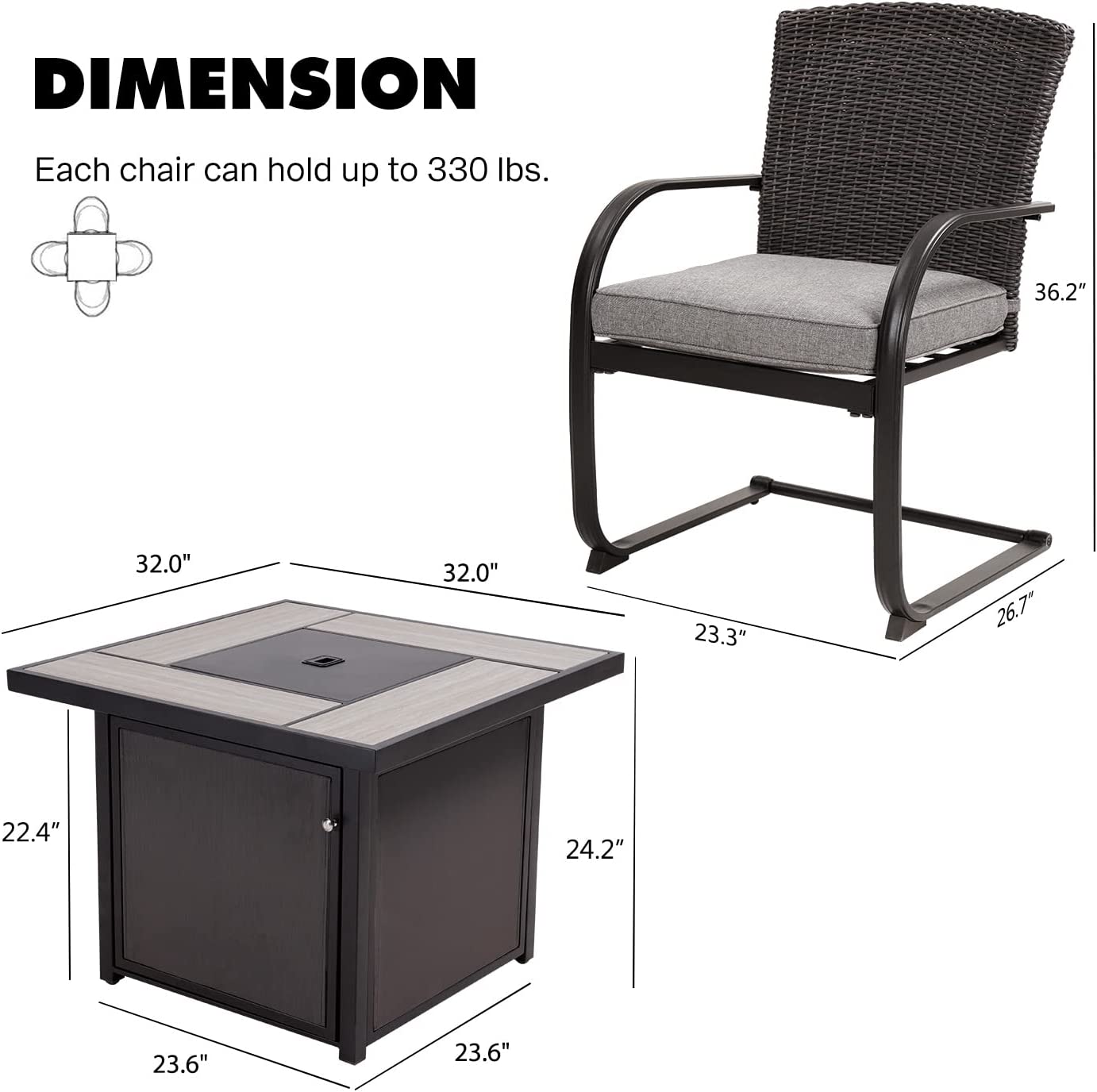 Dining Set with 4 Chairs and 32 Inch Square Propane Fire Table