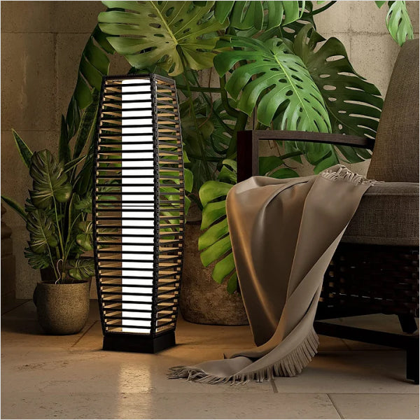 Outdoor Solar-Powered Crossover Woven Resin Wicker Floor Lamp