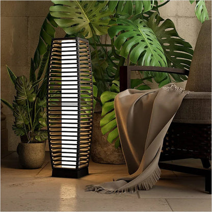 Outdoor Solar-Powered Crossover Woven Resin Wicker Floor Lamp