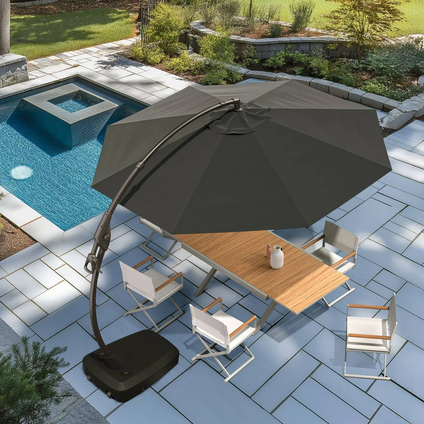 11 FT 12 FT Cantilever Patio Umbrella with Base, Round Large Offset Umbrellas for Garden Deck Pool