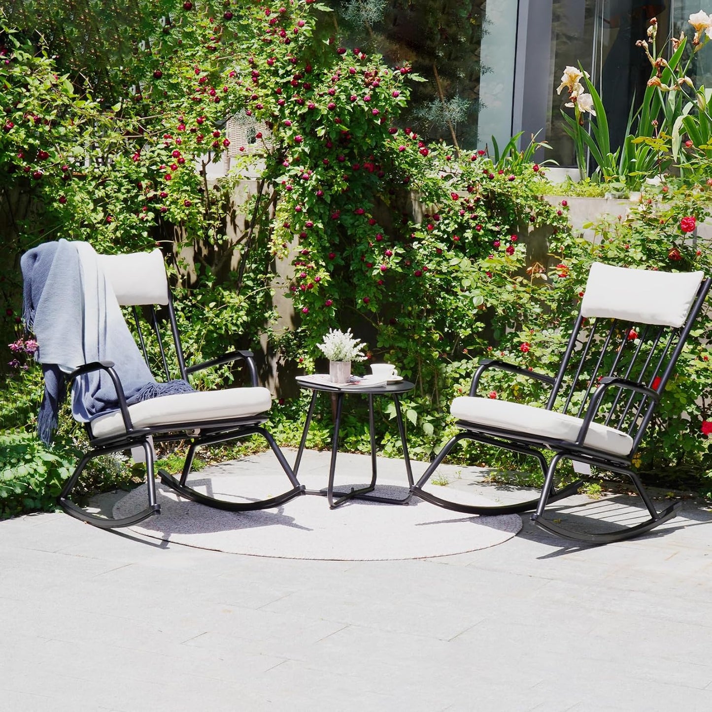 Outdoor Rocking Chair Set for 2, E-Coated Steel Rocking Chairs with Cushions and Side Table