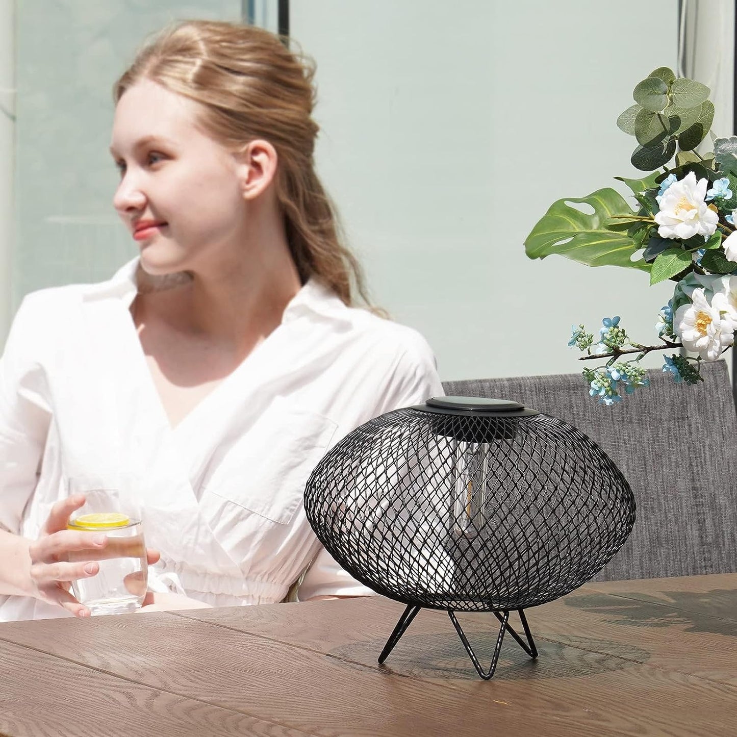 Shadow Solar Powered 8"H Table Lamp 2-Pack Metal Wire Shade, LED Modern Outdoor Lantern