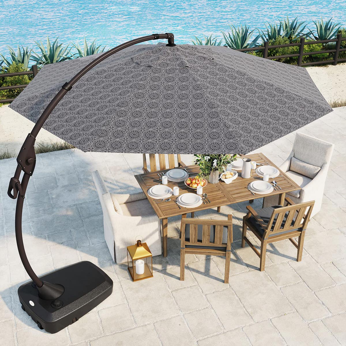 11 FT 12 FT Cantilever Patio Umbrella with Base, Round Large Offset Umbrellas for Garden Deck Pool