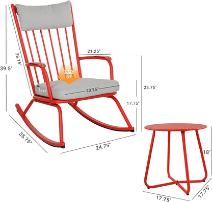 Outdoor Rocking Chair Set for 2, E-Coated Steel Rocking Chairs with Cushions and Side Table