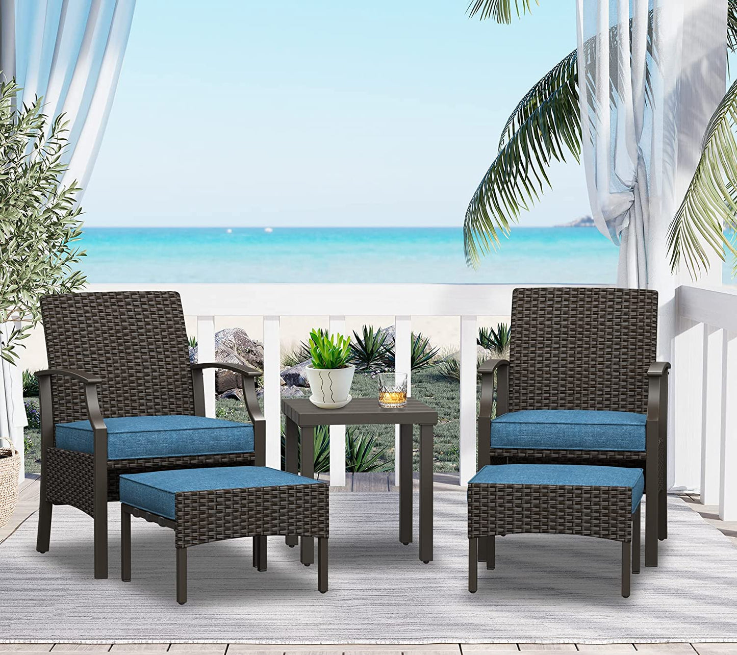 5 Pieces Outdoor Patio Furniture Sets Weather Resistant Wicker Outdoor Chairs with Ottomans and Coffee Tables