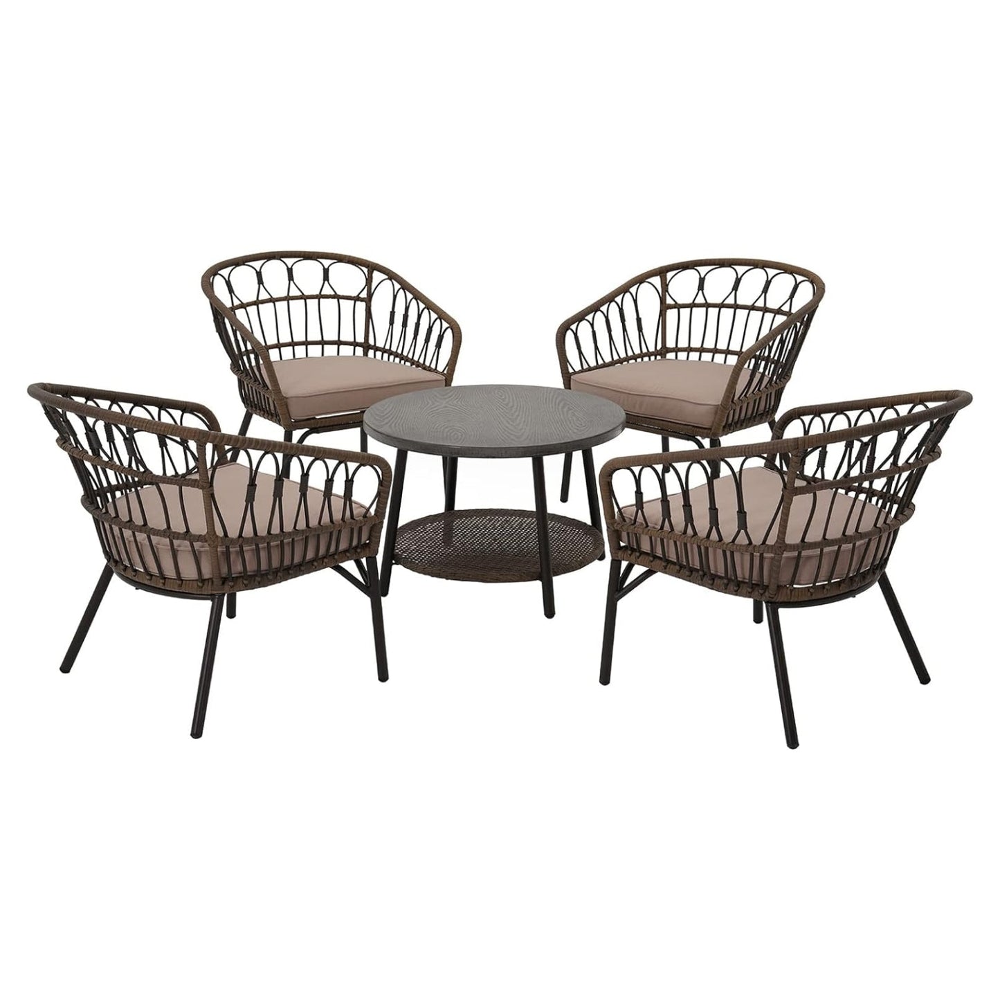 Outdoor Tully 5-Piece Steel All-Weather Wicker Boho Chat Set with Round Table for Balcony, Patio, Deck