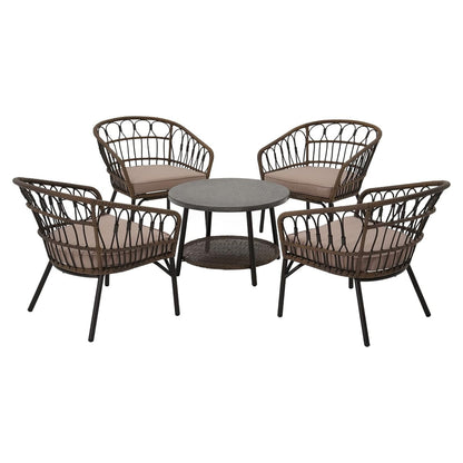 Outdoor Tully 5-Piece Steel All-Weather Wicker Boho Chat Set with Round Table for Balcony, Patio, Deck
