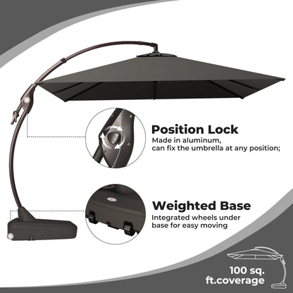 10x10 FT Square Patio Cantilever Umbrella, Deluxe Curvy Offset Umbrella with Base(No Umbrella Cover)
