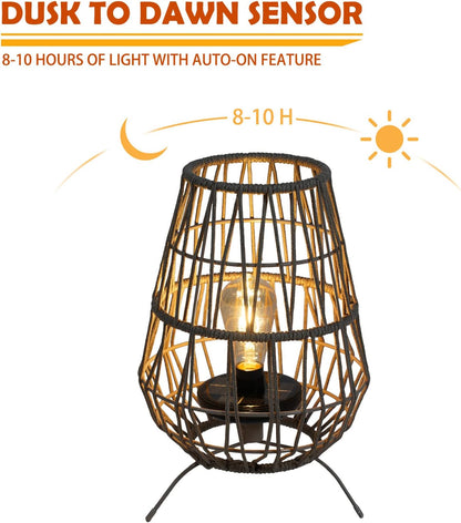 15-inch Apollo Outdoor LED Solar Powered Resin Polyester Cord Woven Floor Lamp Set of 2 with LED Edison Bulb, Water-Resistant Accent Garden Light, Pathway, Taupe Brown