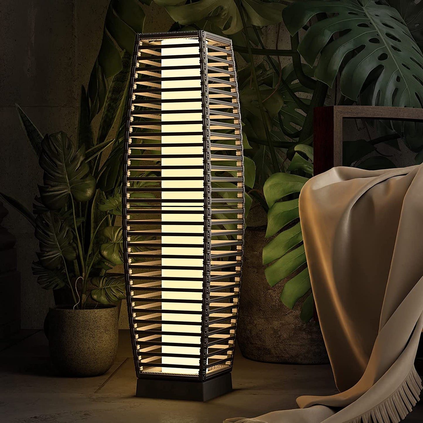 Outdoor Solar-Powered Crossover Woven Resin Wicker Floor Lamp