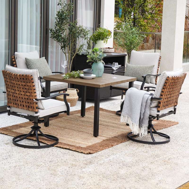 5 Pieces Outdoor Dining Set,4 Steel Resin Wicker Swivel Patio Chairs&Square Dining Table