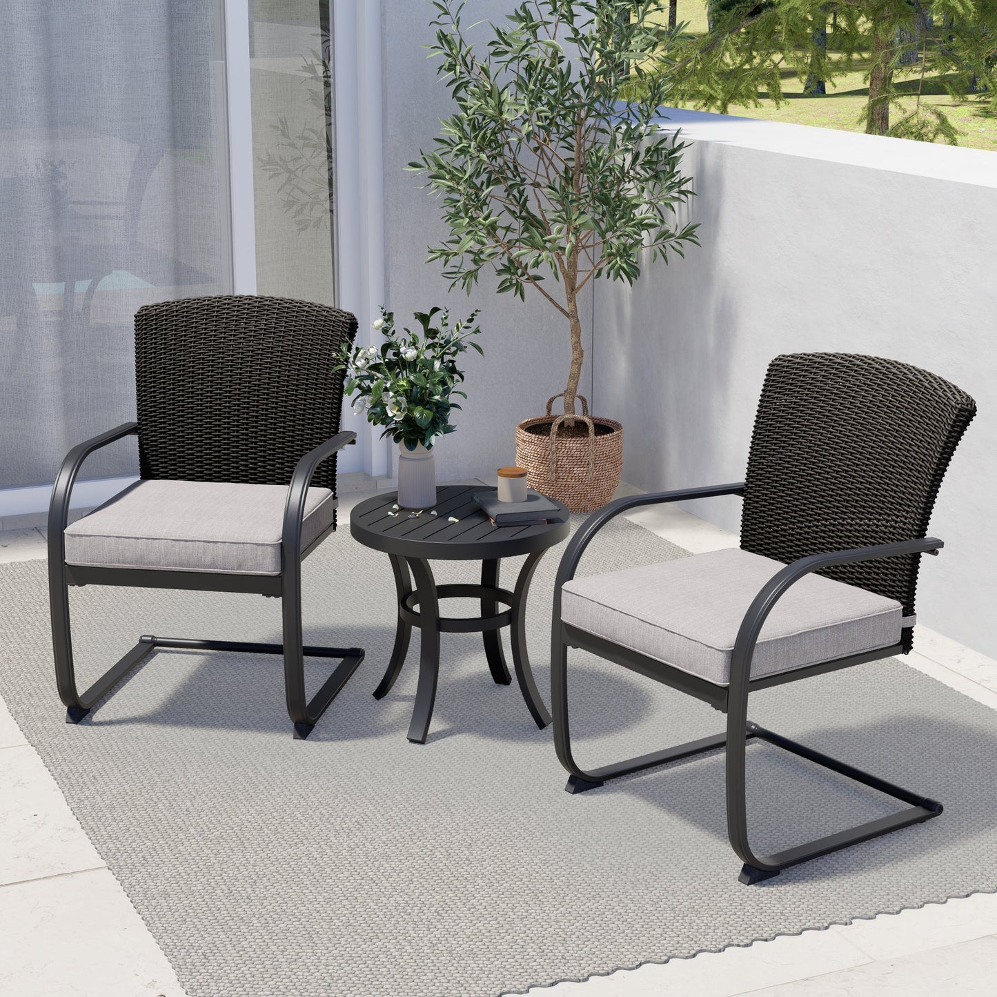 Dining Wicker Chair Set, Steel Frame Chair with Cushion