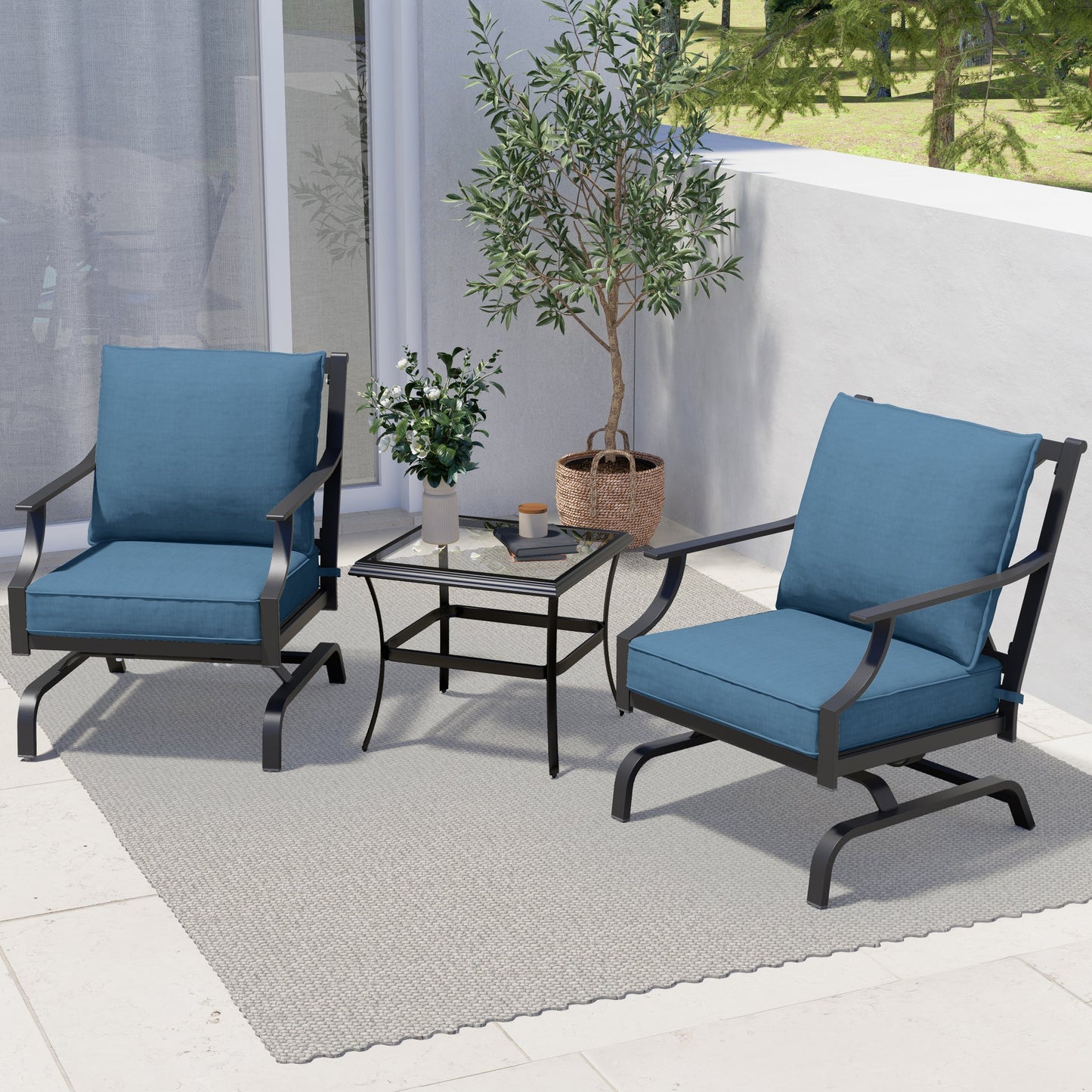 3 Piece Metal Bistro Rocking Chairs, Indoor Outdoor Chat Set