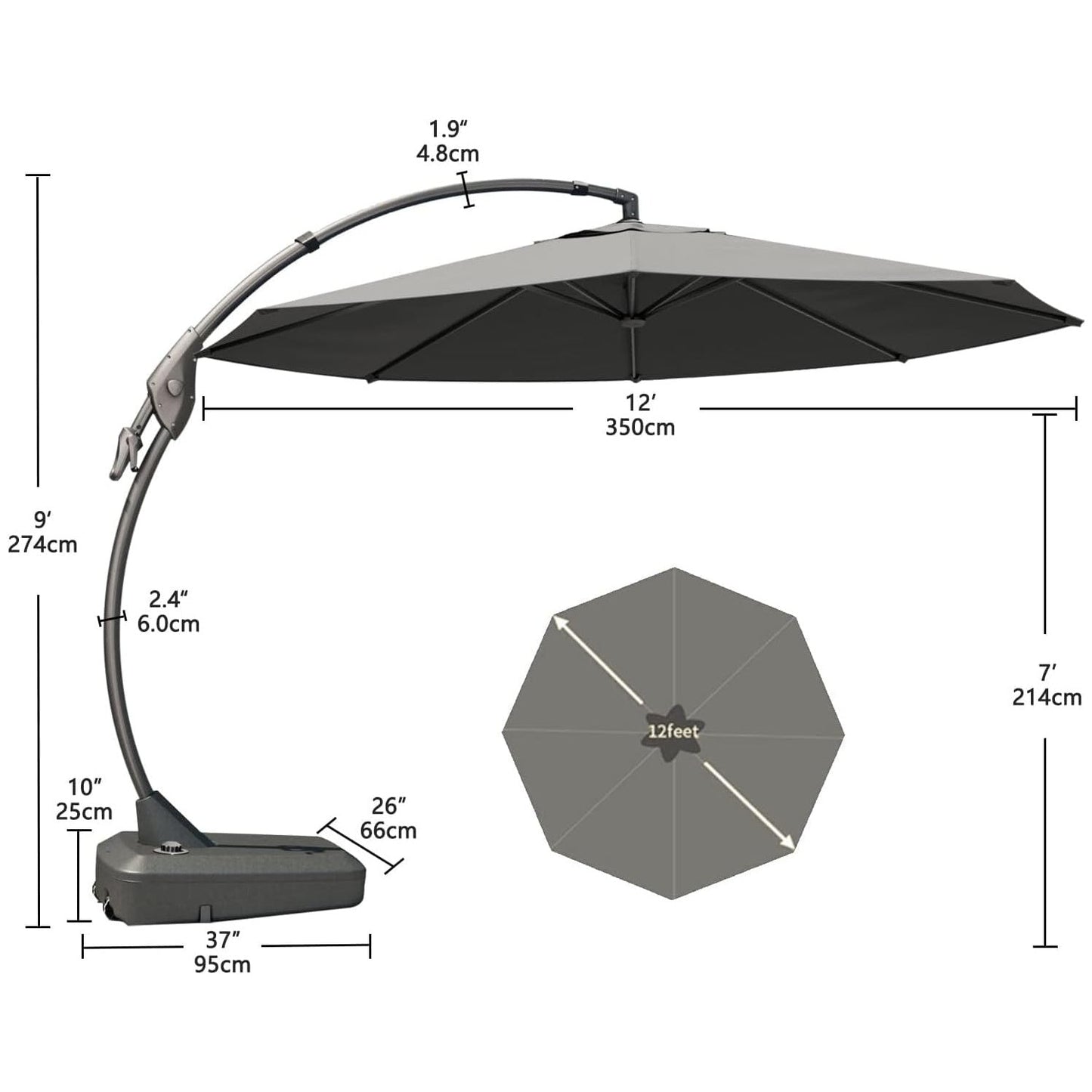11 FT 12 FT Cantilever Patio Umbrella with Base, Round Large Offset Umbrellas for Garden Deck Pool