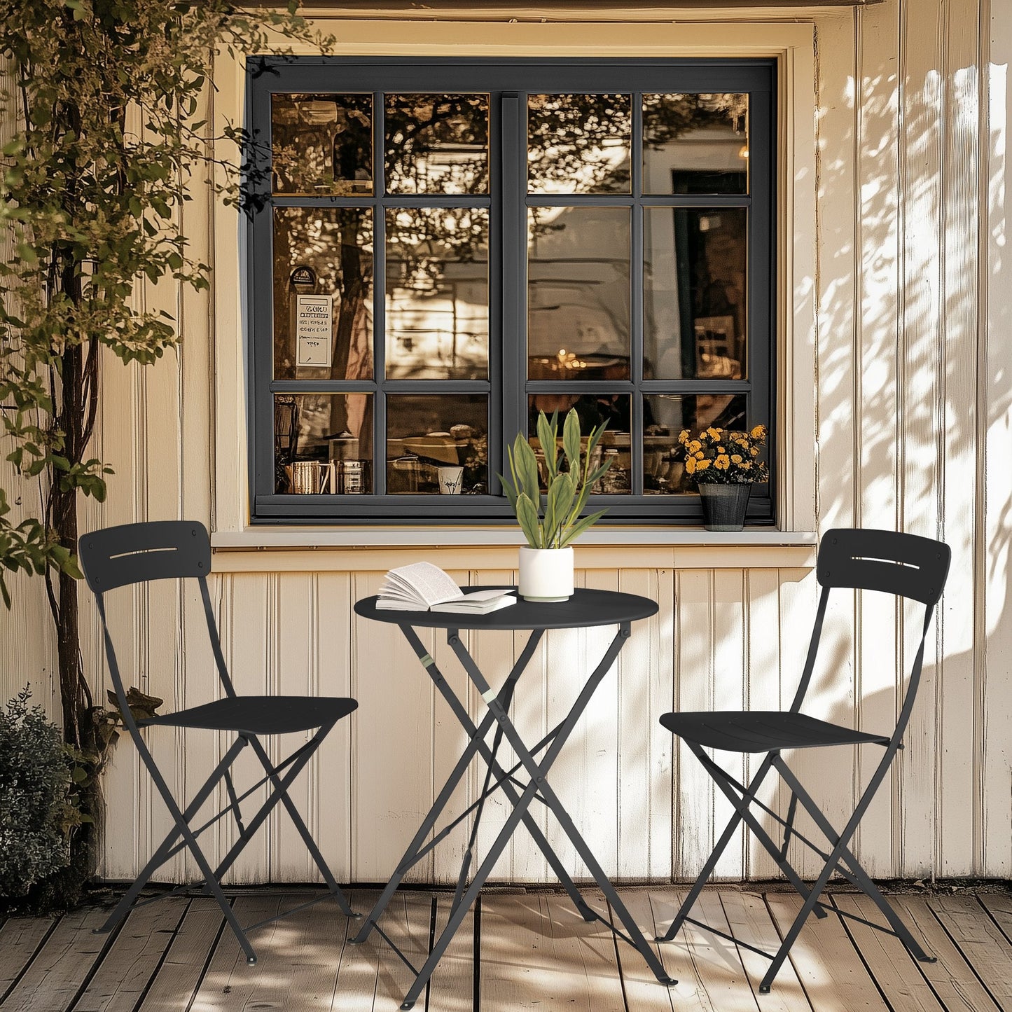 3-Piece Foldable Bistro Set with Round Table - All-Weather Steel Frame