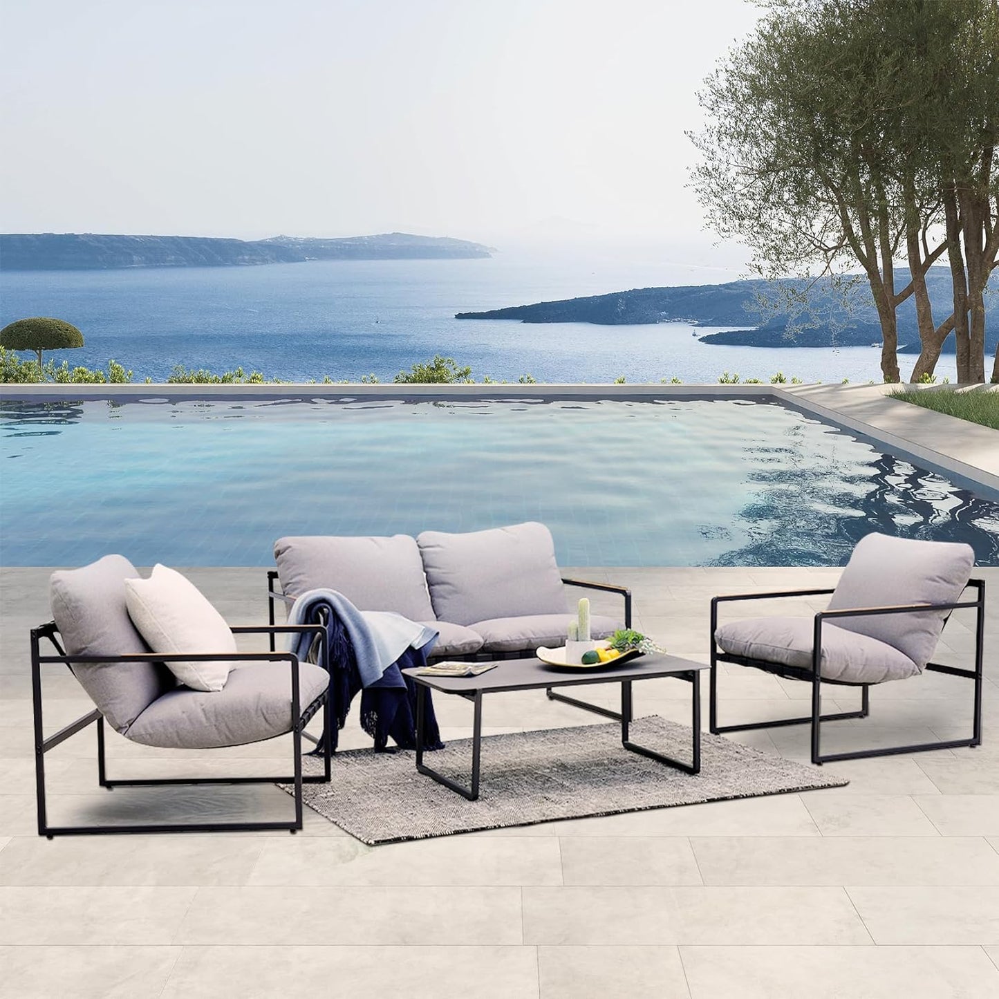 4-Piece Patio Furniture Set, Outdoor Patio Conversation Sofa Set with Cushion, Loveseat Chairs and Coffee Table