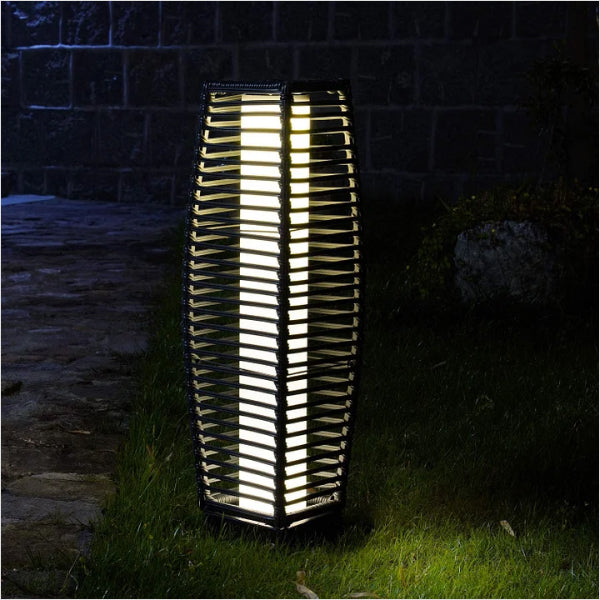 Outdoor Solar-Powered Crossover Woven Resin Wicker Floor Lamp