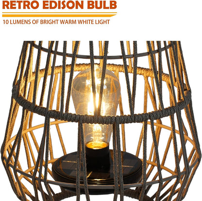 15-inch Apollo Outdoor LED Solar Powered Resin Polyester Cord Woven Floor Lamp Set of 2 with LED Edison Bulb, Water-Resistant Accent Garden Light, Pathway, Taupe Brown